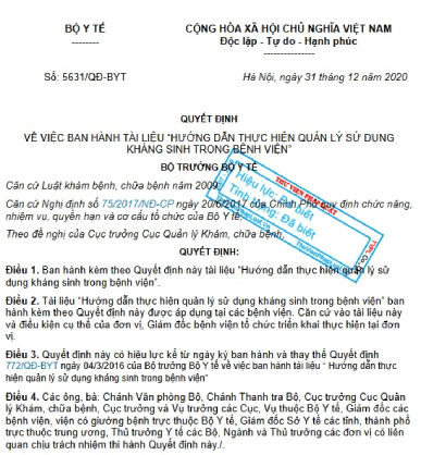 Quyết định Bộ y tế về việc ban hành tài liệu hướng dẫn thực hiện quản lý sử dụng kháng sinh trong Bệnh viện