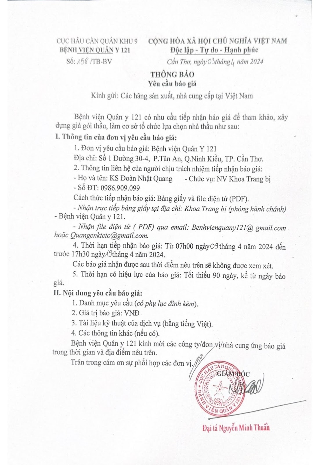 BỆNH VIỆN QUÂN Y 121 THÔNG BÁO YÊU CẦU BÁO GIÁ